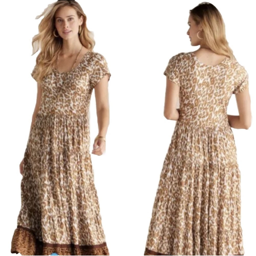 Soft Surroundings Kara Tiered Midi Dress Mocha Leopard size XL NWT